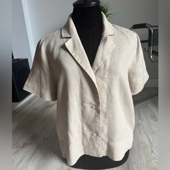 Quince 100% European Linen Short Sleeve Khaki Driftwood Tan Button Down Shirt XS - Picture 3 of 14
